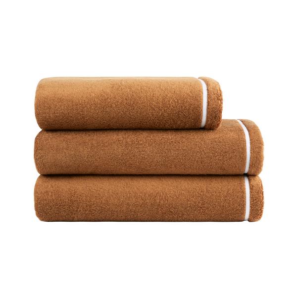Yves Delorme Duetto terry towels, camel with white border