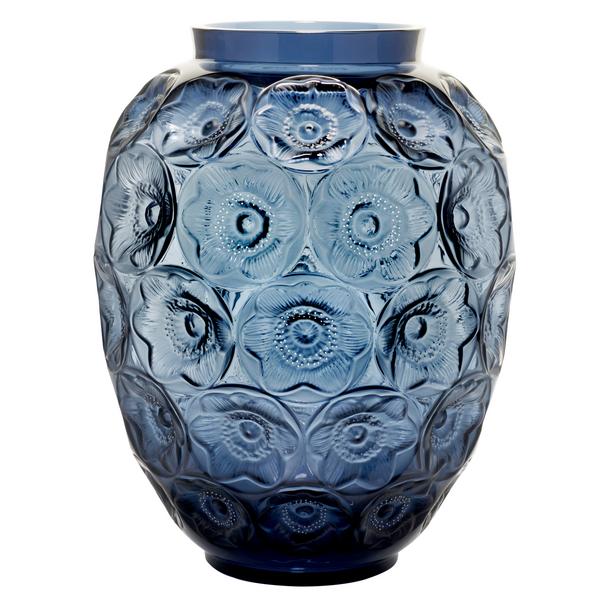 Lalique Große Vase Anemones, H 49 cm, blau