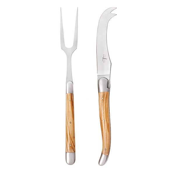 Forge de Laguiole Olive wood cheese knife and fork, satin finish