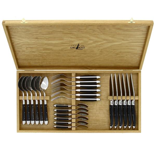 Forge de Laguiole 24-piece cutlery set with black horn handles: 6 x dinner spoons, dinner forks, dinner knives and coffee spoons