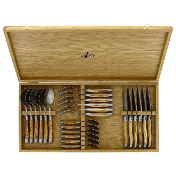Forge de Laguiole 24-tlg. Olivenholzbesteck Set: 6 x Tafellöffel, -gabel, -messer und Kaffeelöffel