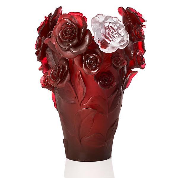 Daum Rose Passion vase, h 35 cm, red with white flower