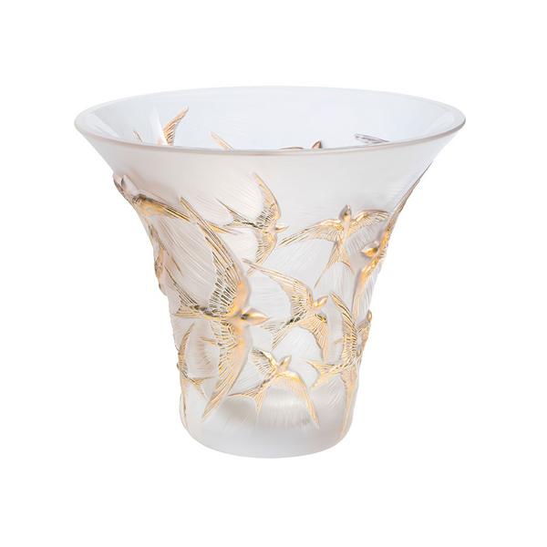 Lalique Hirondelles vase, h 29 cm, wide-rimmed, clear and gold stamped