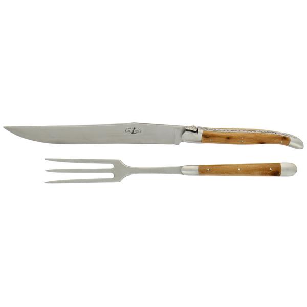 Forge de Laguiole Juniper wood carving knife and fork, satin finish