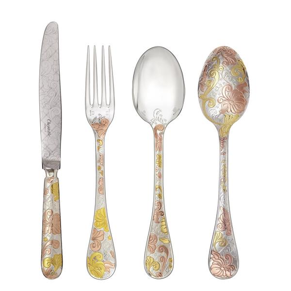 Christofle Jardin d'Eden cutlery, silverplated & partially gilded in two golds (yellow and pink)