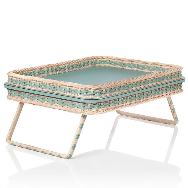 Pigment Reims bed tray, leather & rattan, mint