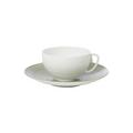 J.L Coquet Hémisphère Kaki-Green tea cup, white cup and Hémisphère Kaki-Green saucer