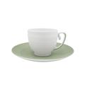 J.L Coquet Hémisphère Kaki-Green coffee cup, white cup and Hémisphère Kaki-Green saucer