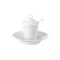 KPM Kurland Senftopf mit Unterteller, Deckel und Löffel, weiß