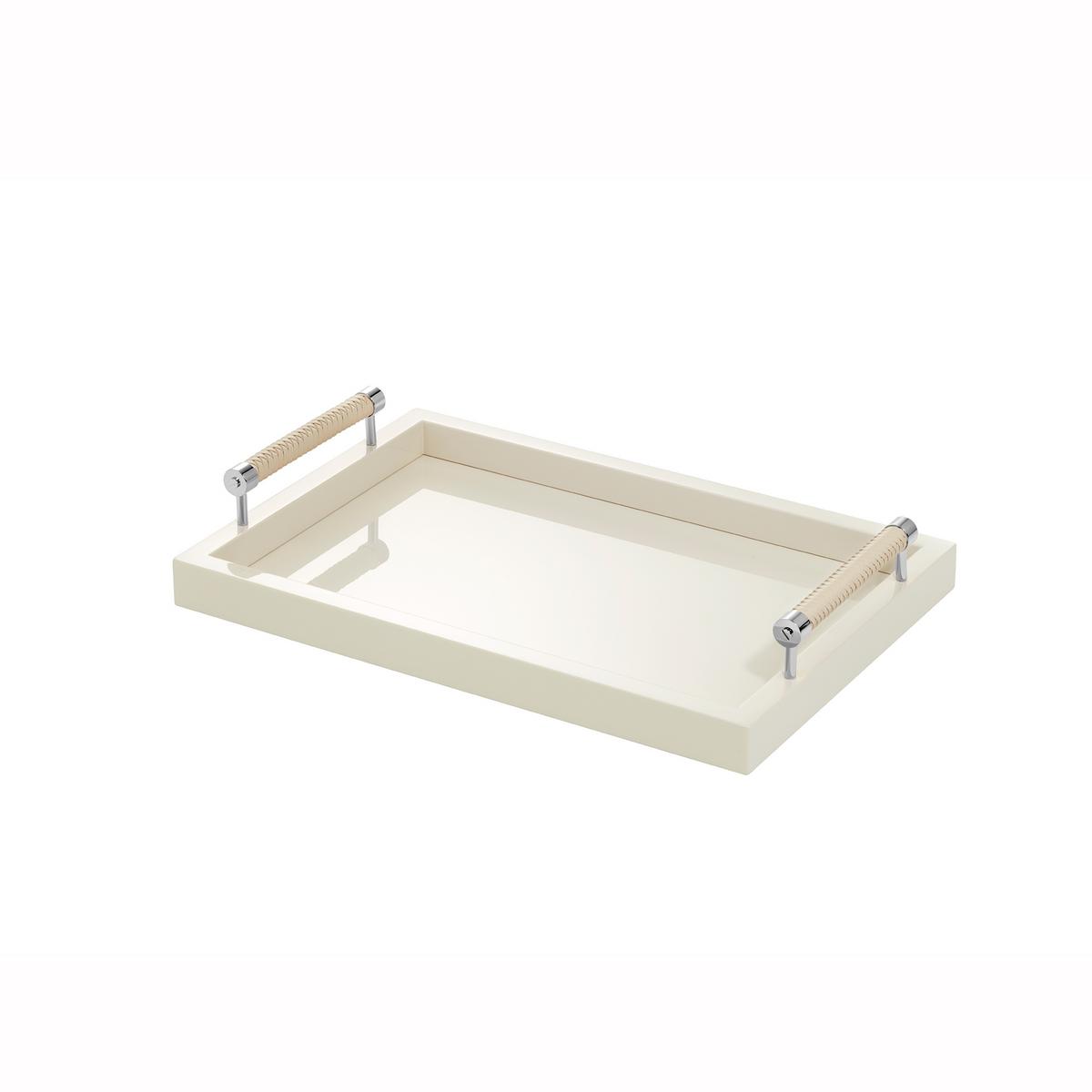 Riviere Lacquered tray with chrome/leather handles, ivory, small