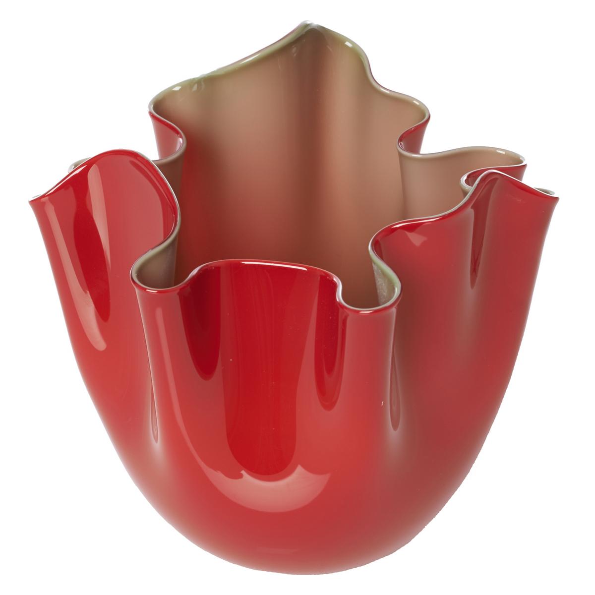 Venini Vase Fazzoletti Bicolore, H 31 cm, rot/apfelgrün artedona.