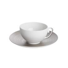 J.L Coquet Hémisphère Platin Teetasse, Tasse weiß mit platinfarbenem Henkel, Unterteller mit platinfarbenem Rand