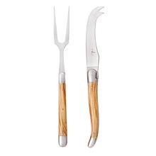 Forge de Laguiole Olive wood cheese knife and fork, satin finish