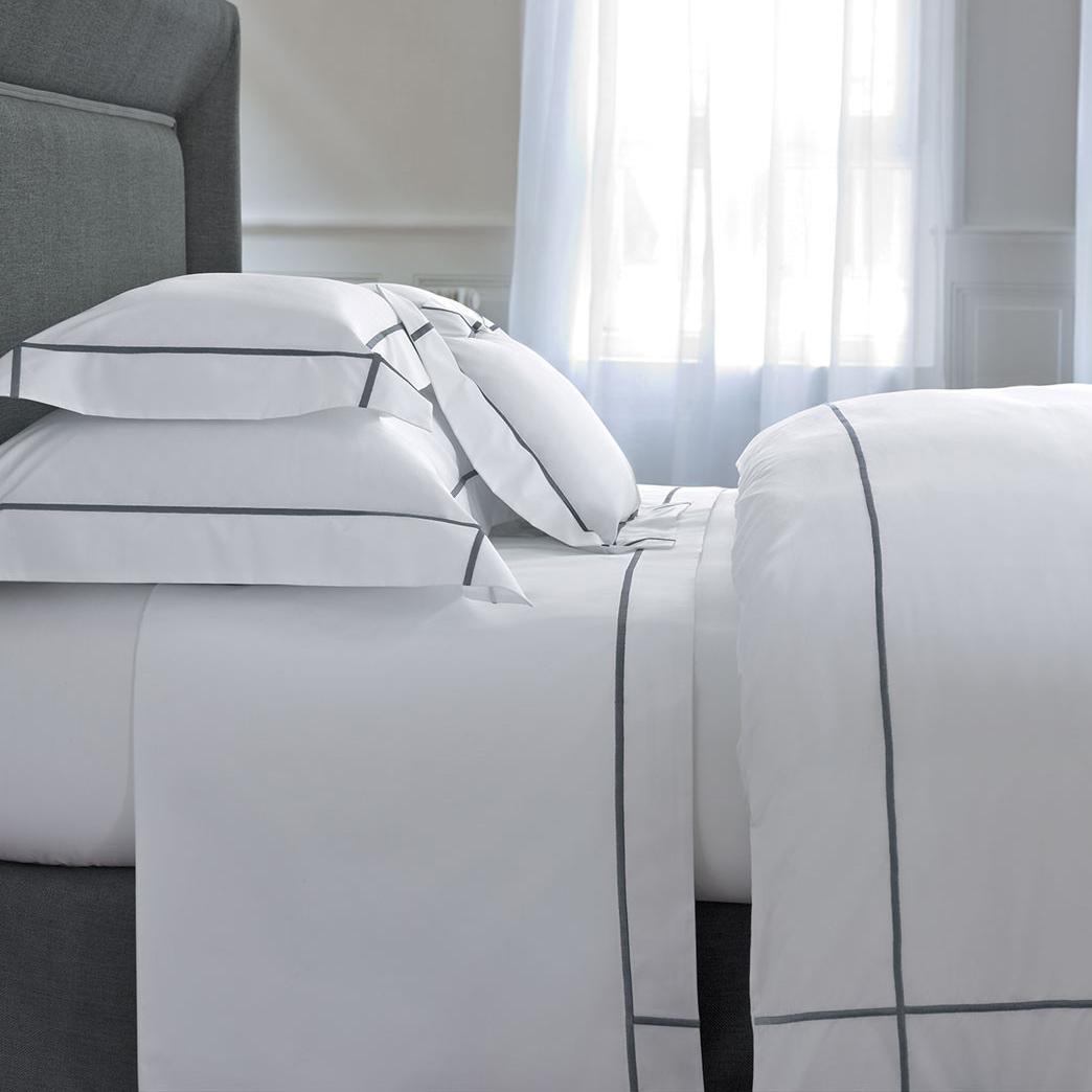 Yves Delorme Athena bed linen, platinum on white artedona.